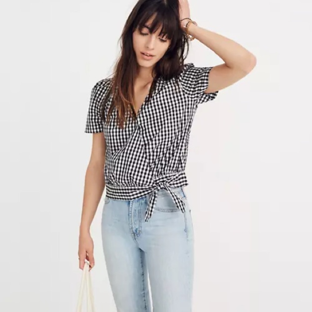 Short-Sleeve Wrap Top in Gingham Check Madewell
